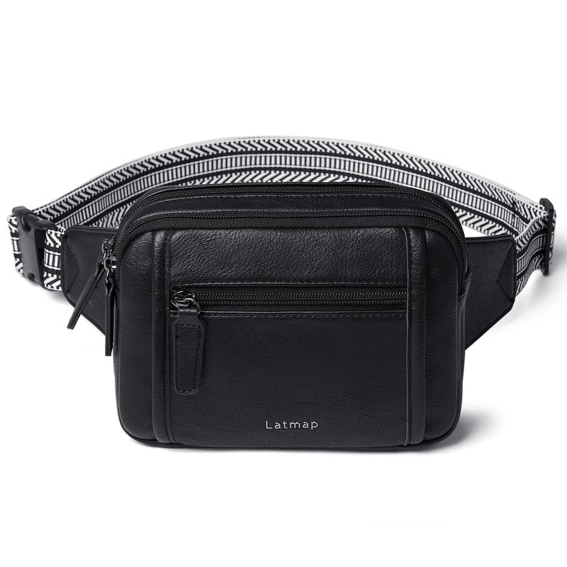 LATMAP 3L TRIPLE ZIP Fanny Packs Belt Bag For Women Men Crossbody Waist Pack Sling Chest Bum Travel Bag Purse Faux Leather Fashion Cute Black - Image 1