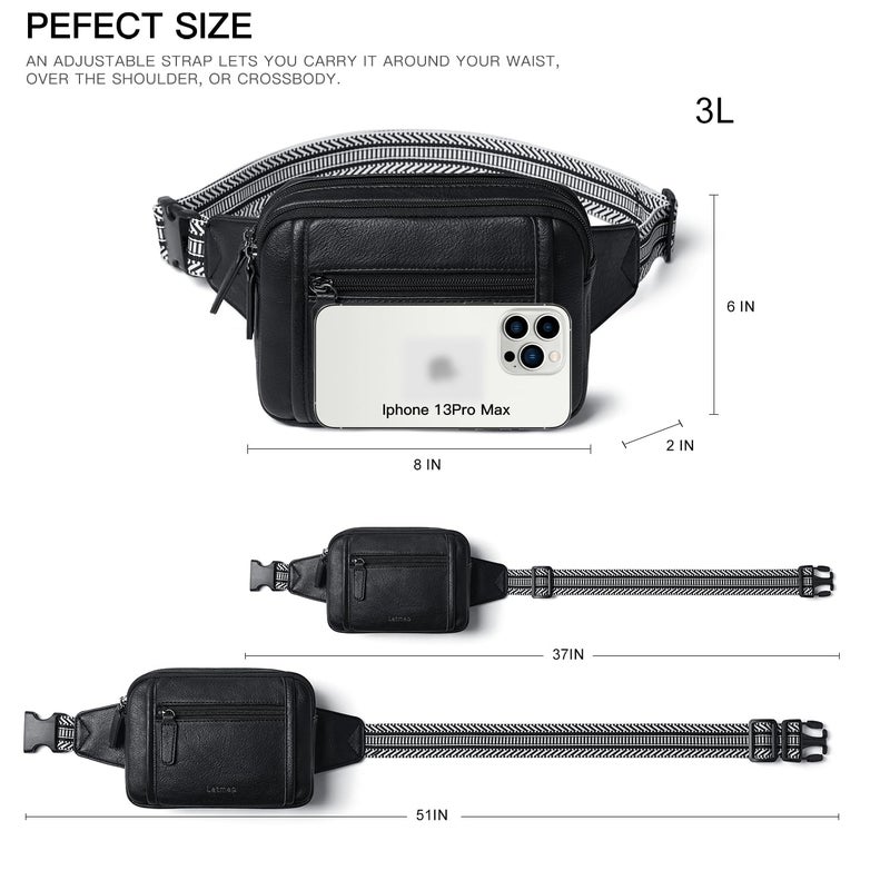 LATMAP 3L TRIPLE ZIP Fanny Packs Belt Bag For Women Men Crossbody Waist Pack Sling Chest Bum Travel Bag Purse Faux Leather Fashion Cute Black - Image 5