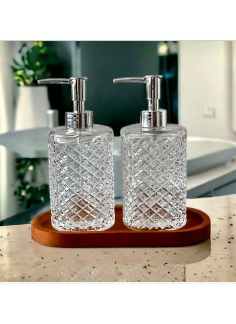 Kitchen Pembelia Wooden Stand 2-Piece Glass 500 ml Gray Head Liquid Soap Dish Detergent Bottle Soap Dispenser Set  - Image 1