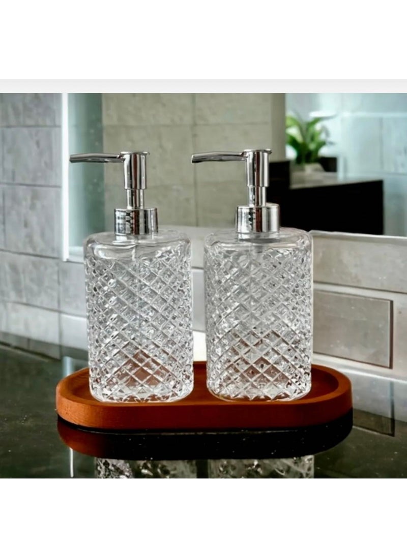 Kitchen Pembelia Wooden Stand 2-Piece Glass 500 ml Gray Head Liquid Soap Dish Detergent Bottle Soap Dispenser Set  - Image 2