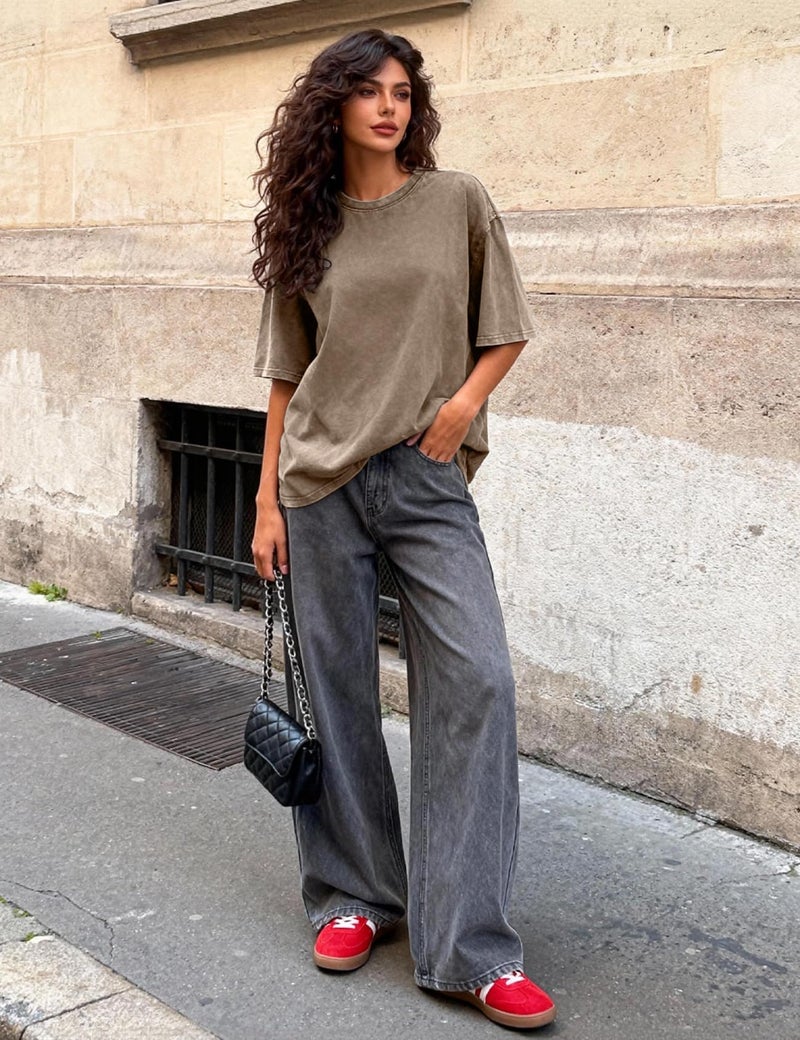 PEHMEA 3 Pcs Women's Oversized T-Shirts Cotton Short Sleeve Vintage Washed Baggy Boyfriend Streetwear Summer Tops(Black+Beige+Khaki-M) - Image 5