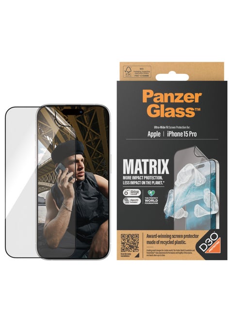 PanzerGlass™ Eco-Friendly Matrix Screen Protector for Apple iPhone 15 Pro - Protect, Prolong and Make a Difference - with mounting aid for easy installation