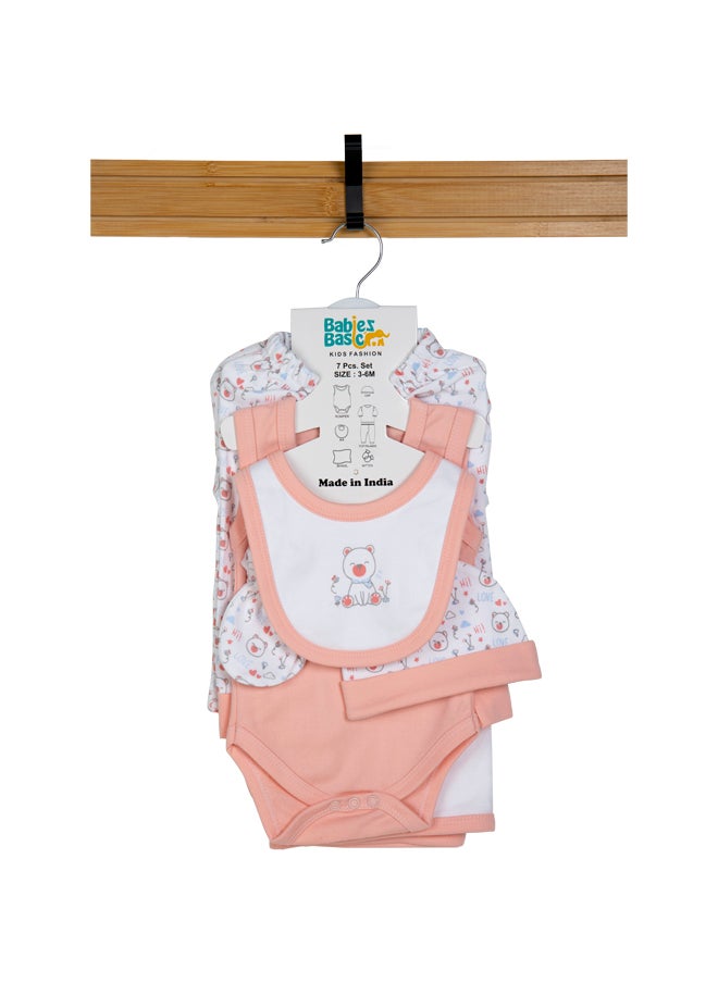 Babies Basic 7 Piece Unisex 100% Cotton Gift Set Include Bib, Blanket, Mitten, Cap, Romper, Top And Bottom Set, Pink  - Image 1