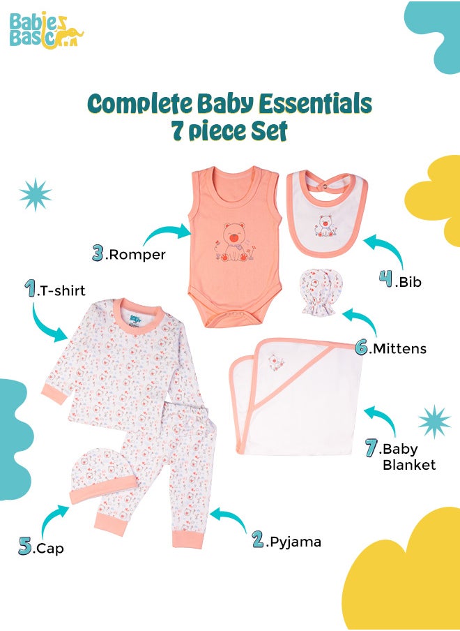 Babies Basic 7 Piece Unisex 100% Cotton Gift Set Include Bib, Blanket, Mitten, Cap, Romper, Top And Bottom Set, Pink  - Image 3