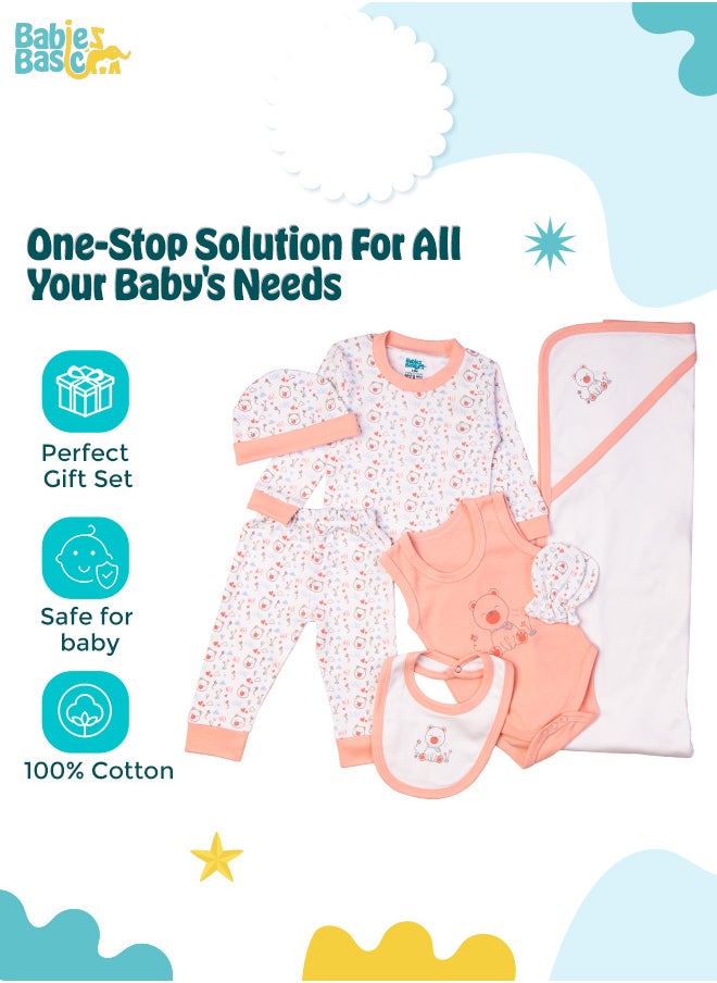 Babies Basic 7 Piece Unisex 100% Cotton Gift Set Include Bib, Blanket, Mitten, Cap, Romper, Top And Bottom Set, Pink  - Image 2