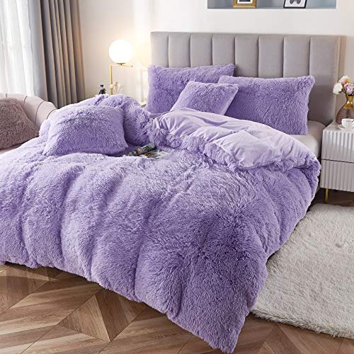 Uhamho Faux Fur Velvet Fluffy Bedding Duvet Cover Set Down Comforter Quilt Cover with Pillow Shams, Ultra Soft Warm (Lilac, Queen) - Image 2