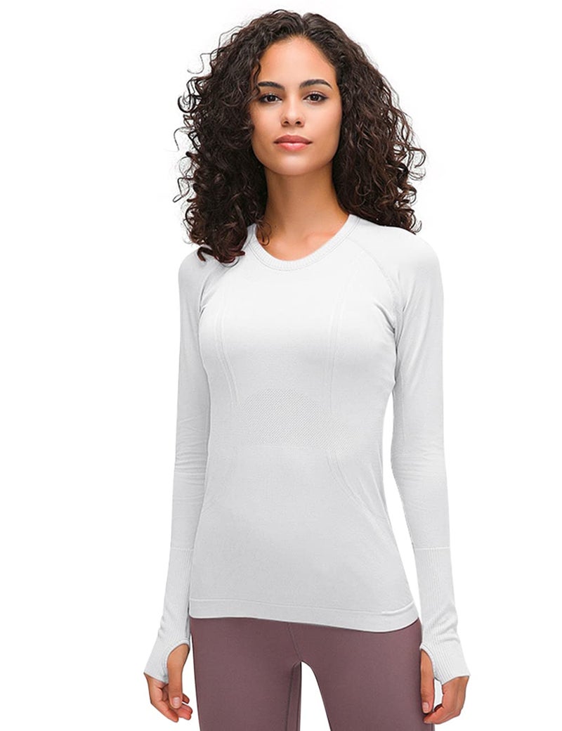 LUYAA Women's Workout Tops Long Sleeve Shirts Yoga Sports Running Seamless Breathable Gym Athletic Top Slim Fit White - Image 3