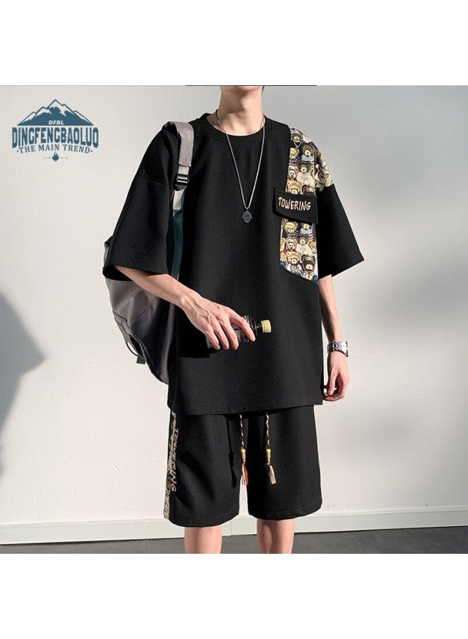 Dingfengbaoluo Casual Summer Short Sleeve Shorts Thin Loose Breathable Sports Men's Suit Tz054 Black XL - Image 2