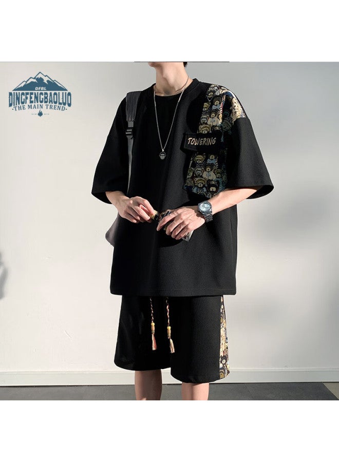 Dingfengbaoluo Casual Summer Short Sleeve Shorts Thin Loose Breathable Sports Men's Suit Tz054 Black XL - Image 5