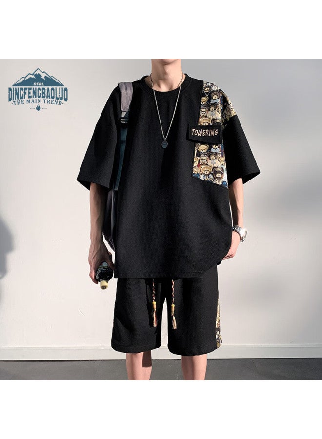 Dingfengbaoluo Casual Summer Short Sleeve Shorts Thin Loose Breathable Sports Men's Suit Tz054 Black XL - Image 1