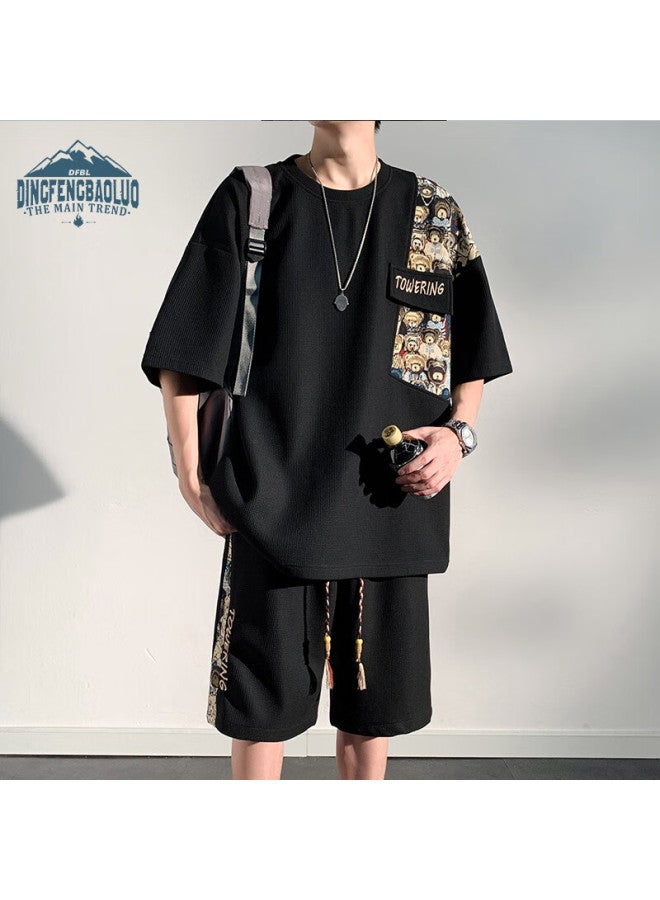 Dingfengbaoluo Casual Summer Short Sleeve Shorts Thin Loose Breathable Sports Men's Suit Tz054 Black XL - Image 4