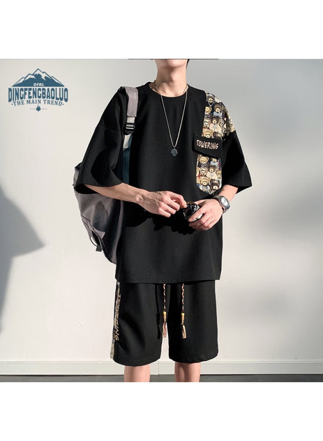 Dingfengbaoluo Casual Summer Short Sleeve Shorts Thin Loose Breathable Sports Men's Suit Tz054 Black XL - Image 3
