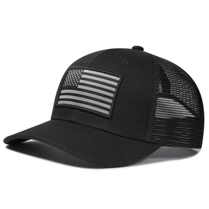 AURR American Flag Trucker Hat, Patriotic Baseball Cap for Men & Women, Breathable Mesh Adjustable Snapback, USA Flag Patch Black/Black - Image 1