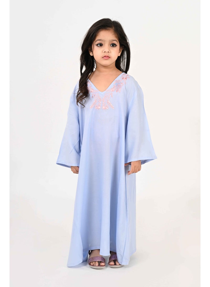 Linelle Kids Jalabiya – Blue Rayon Maxi with Full Loose Sleeves and Embroidery Detailing - Image 1