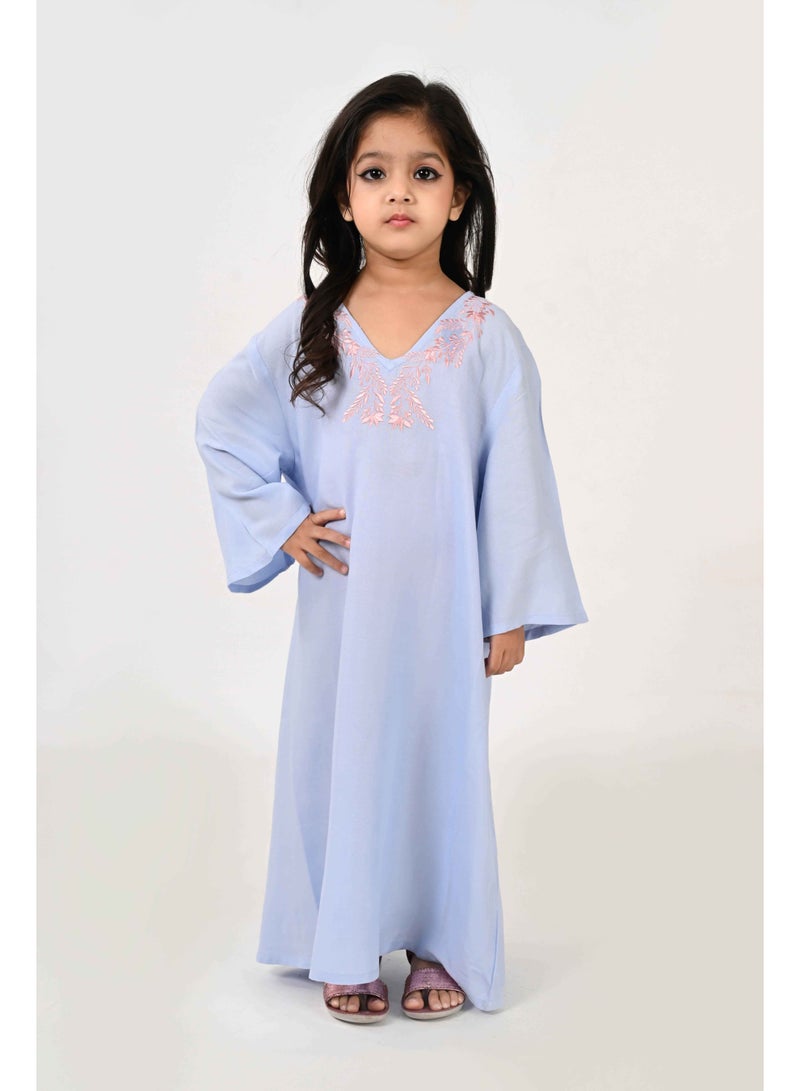 Linelle Kids Jalabiya – Blue Rayon Maxi with Full Loose Sleeves and Embroidery Detailing - Image 3