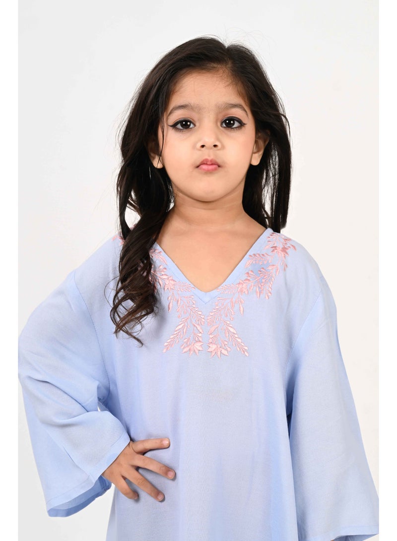 Linelle Kids Jalabiya – Blue Rayon Maxi with Full Loose Sleeves and Embroidery Detailing - Image 4