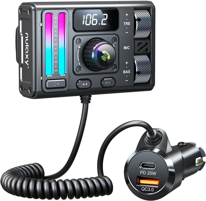 Nulaxy Bluetooth 5.3 FM Transmitter for Car with 20W PD & 18W QC, Deep Bass, Hi-Fi Stereo, Handsfree Calls, and Noise Cancellation - Image 1