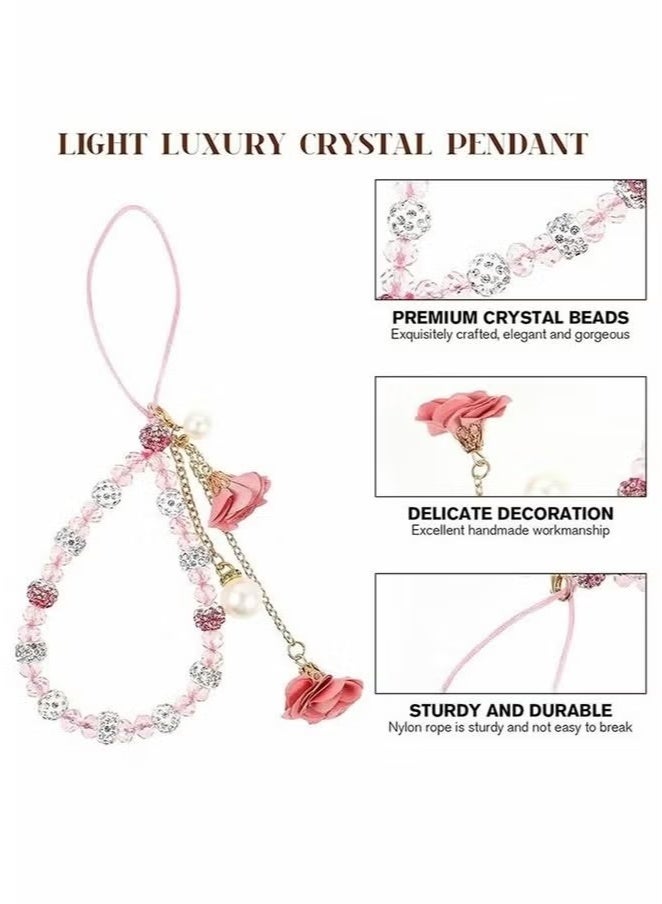 Cell Phone Straps, Creative Crystal Flower Pendant Charm Phone Strap Charm, Non- Slip Phone Lanyard Cute Pocket Keychain Strap For Car Key Purse Phone Decoration Accessories (Pink)  - Image 5