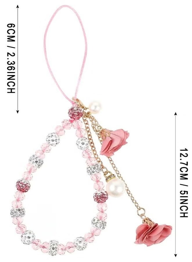 Cell Phone Straps, Creative Crystal Flower Pendant Charm Phone Strap Charm, Non- Slip Phone Lanyard Cute Pocket Keychain Strap For Car Key Purse Phone Decoration Accessories (Pink)  - Image 4