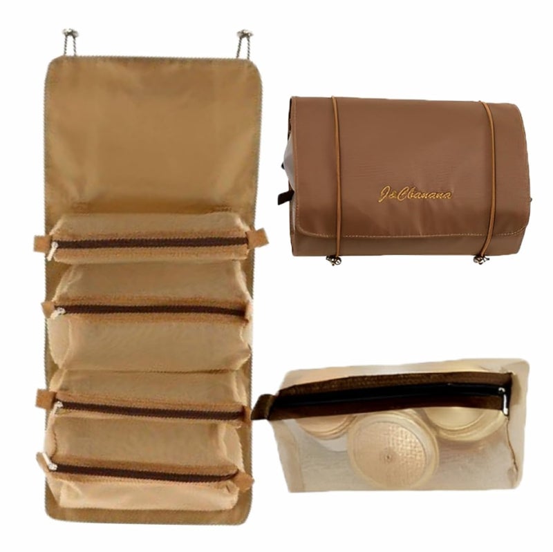 SPRADE Nylon 4 in 1 Large Capacity Cosmetic Mesh Bag/Makeup Organizer/Toiletry Pouch for Men and Women/Portable Travel Bag/Makeup Essentials/Travel Accessories by (Khaki) - Image 1