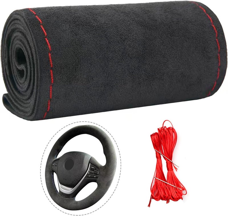 Qiyibei Premium Genuine Leather Steering Wheel Cover, Fur Steering Wheel Cover with Size 17-18 in, Hand-Stitched Cowhide, Non-Slip and Breathable, Dark Gray, Comfortable to The Touch, Year-Round Use - Image 1