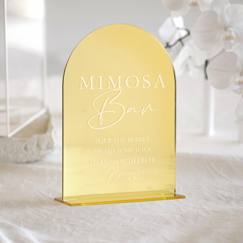 JINMURY Gold Mirror Acrylic Mimosa Bar Sign- Gold Arched Acrylic Wedding Sign and Base,1/8" Thick | Modern Calligraphy Arched Table Sign for Wedding & Party(5x7 Inch) - Image 5