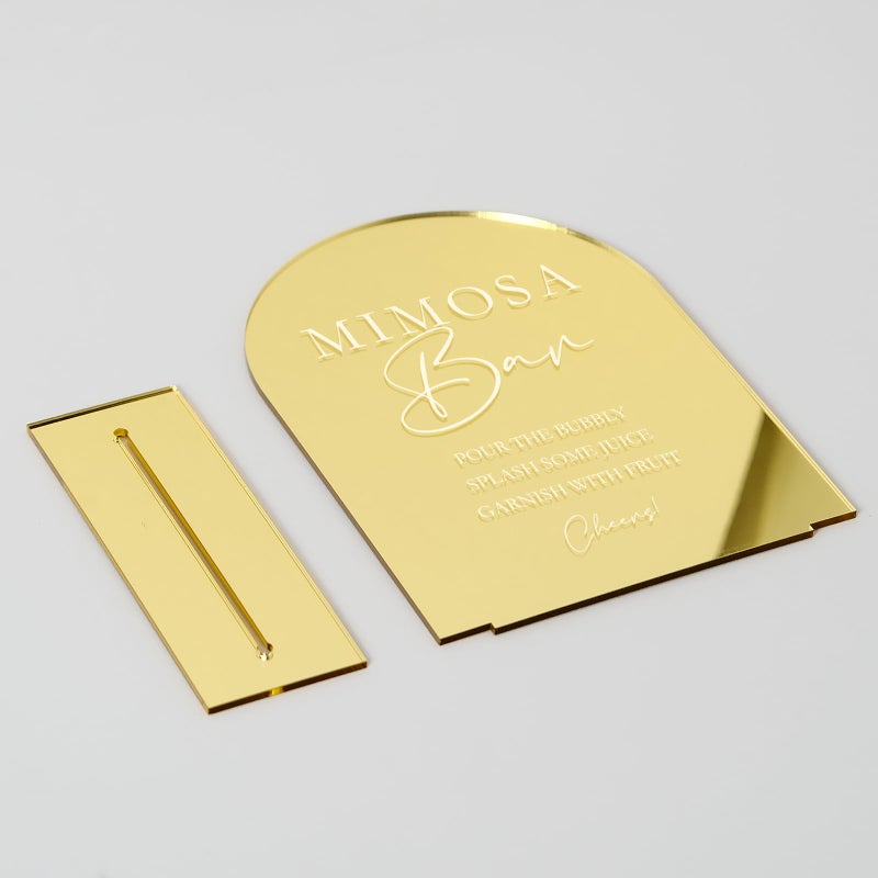 JINMURY Gold Mirror Acrylic Mimosa Bar Sign- Gold Arched Acrylic Wedding Sign and Base,1/8" Thick | Modern Calligraphy Arched Table Sign for Wedding & Party(5x7 Inch) - Image 2