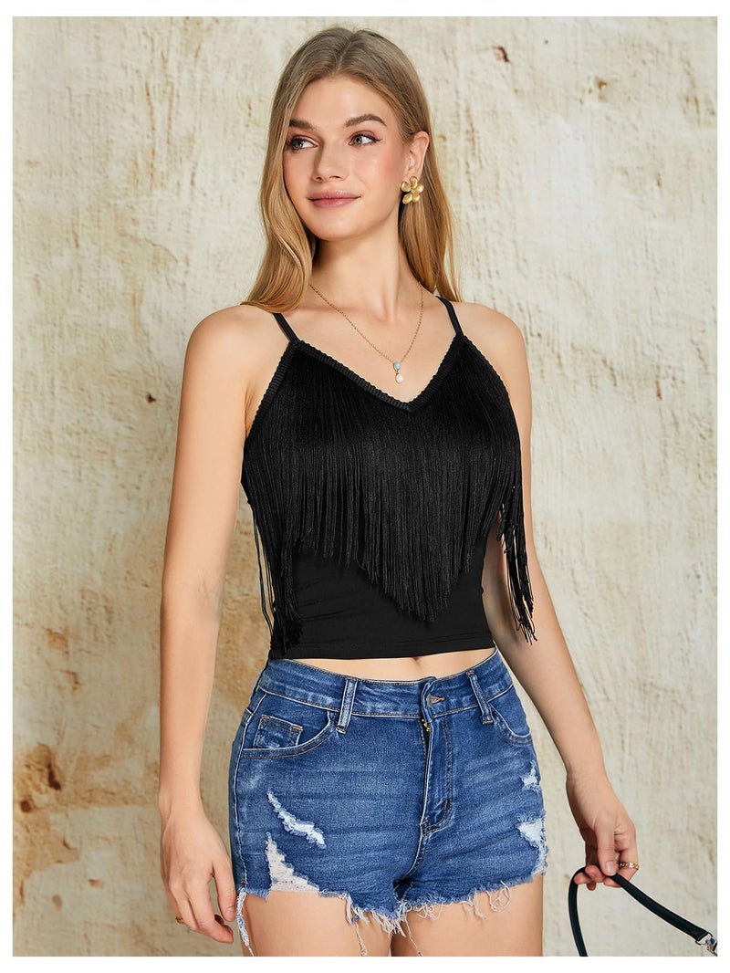 SweatyRocks Women's Fringe Sleeveless Boho Tassel Tank Top Slim Fit Cami Summer Tops Pure Black L - Image 5