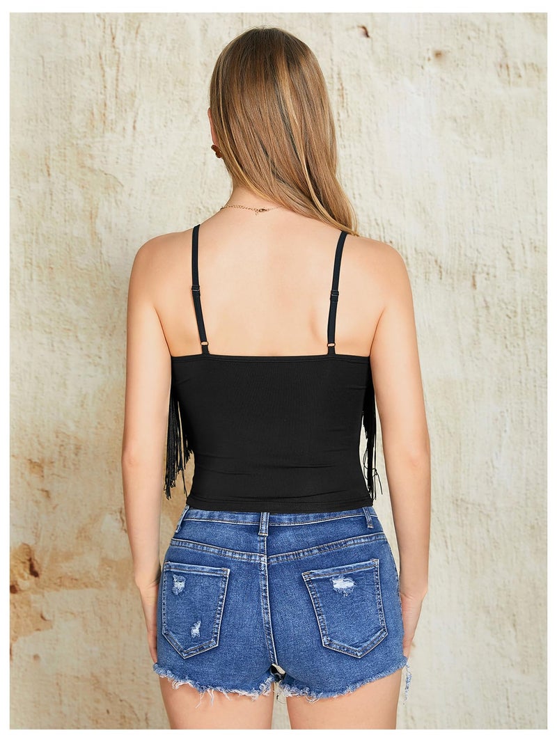 SweatyRocks Women's Fringe Sleeveless Boho Tassel Tank Top Slim Fit Cami Summer Tops Pure Black L - Image 2