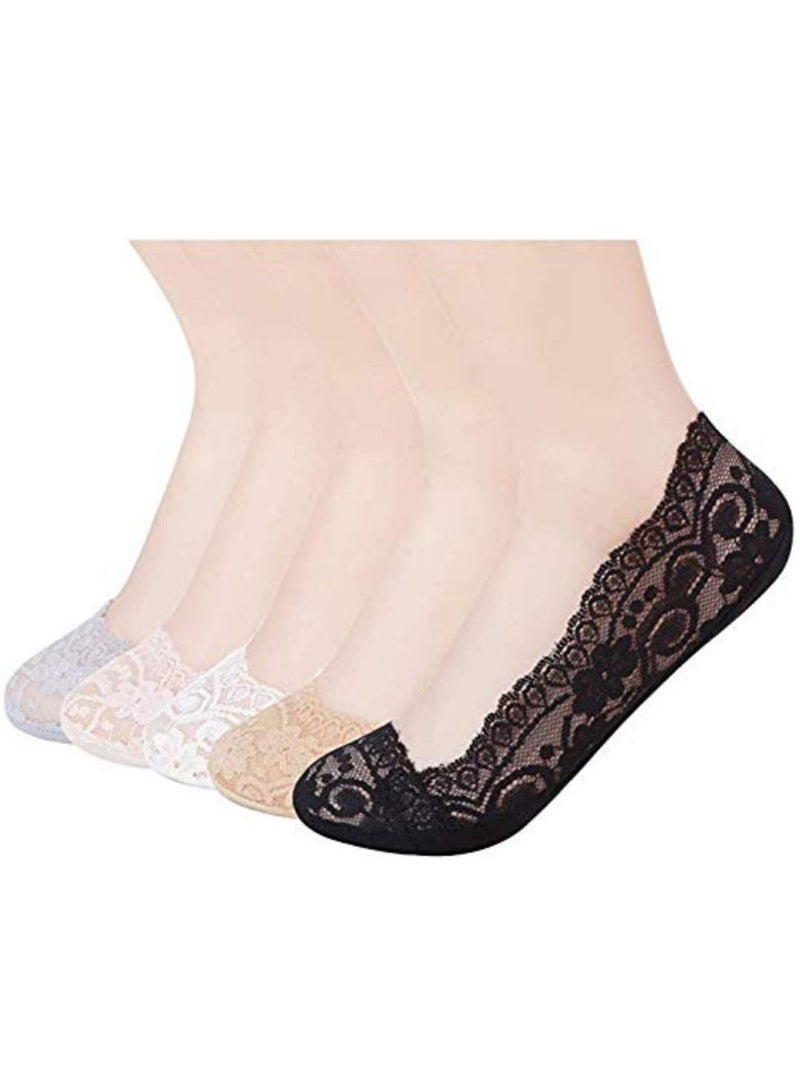 Glamroot جوارب دانتيل مضادة للانزلاق للنساء/الفتيات (عبوة من 5 قطع) أسود/بيج/أبيض/وردي/رمادي - Image 1