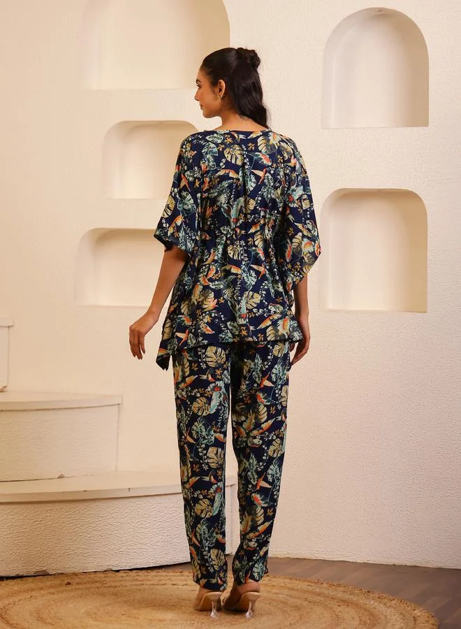 سانسكريتي هومز Sanskrutihomes Women Navy Blue Floral Printed Round Neck Kaftan Top and Pyjama Set