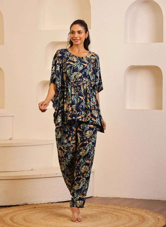 سانسكريتي هومز Sanskrutihomes Women Navy Blue Floral Printed Round Neck Kaftan Top and Pyjama Set