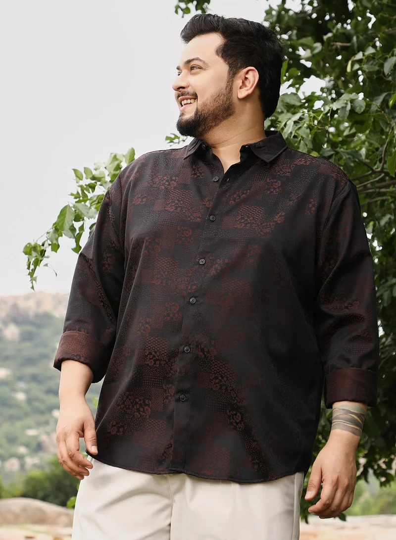 انستافاب بلس Instafab Men's Coffee Brown Dark-Tone Flora-Block Jacquard Shirt | Spread Collar , Long Cuffed Sleeves , Button Closure | Floral Jacquard | Cotton-Blend Shirt For Casual Wear