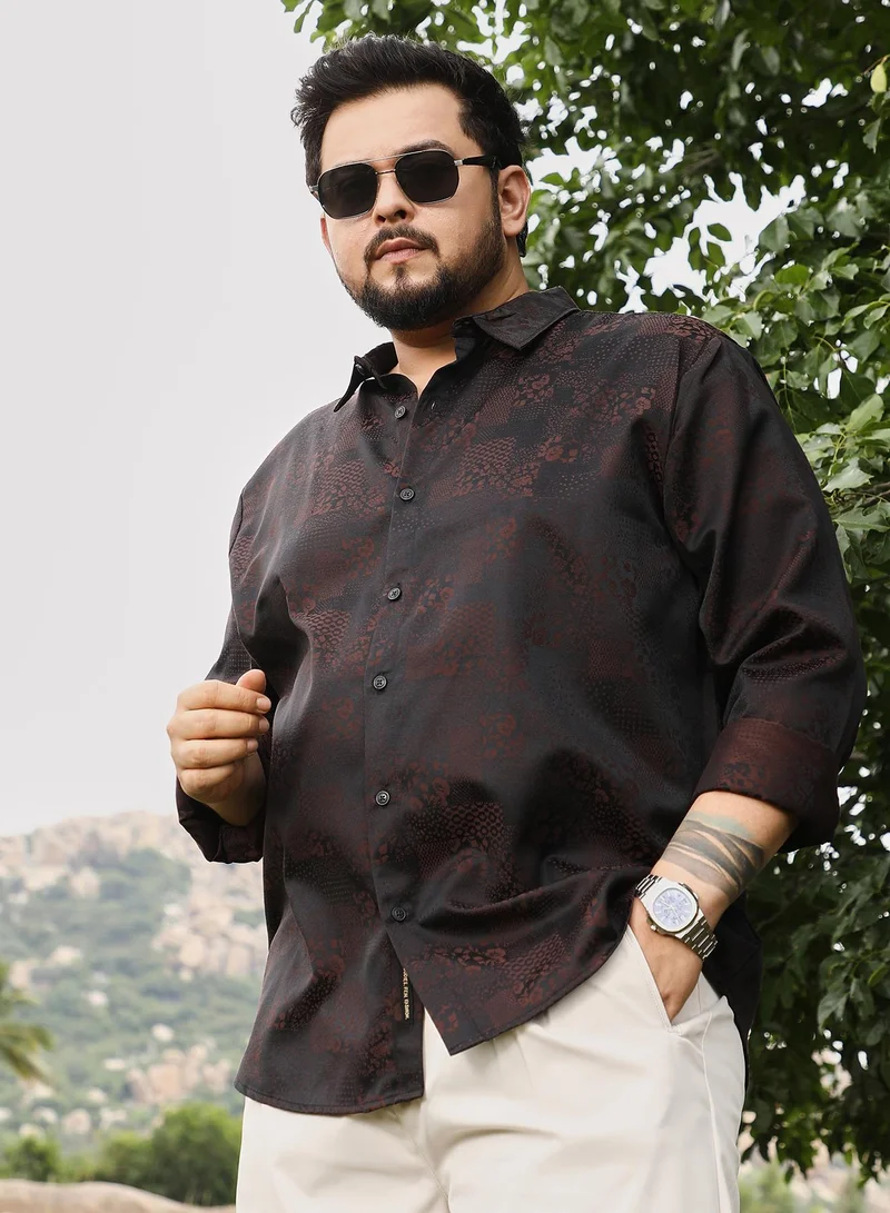 انستافاب بلس Instafab Men's Coffee Brown Dark-Tone Flora-Block Jacquard Shirt | Spread Collar , Long Cuffed Sleeves , Button Closure | Floral Jacquard | Cotton-Blend Shirt For Casual Wear