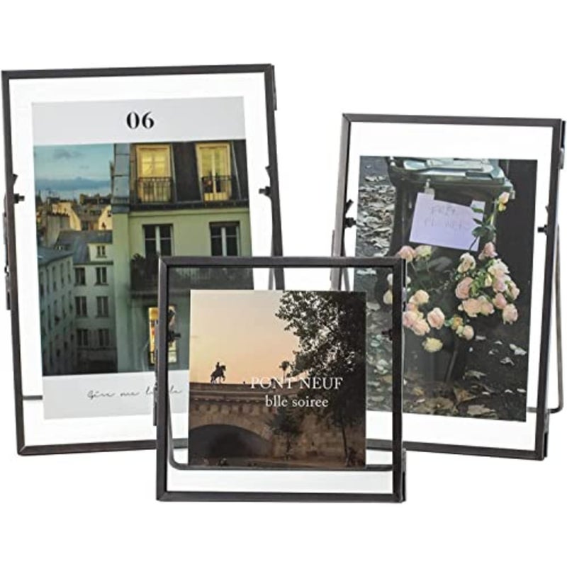 Set of 3 Glass Photo Frame Collection - Modern Metal Geometric Picture Frame with Glass Cover, Metal Tabletop Standing Glass Floating Picture Frame Home Decor Artwork Photo Display Black - Image 1