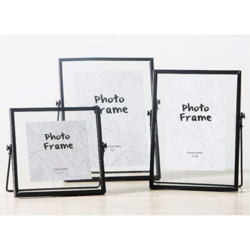 Set of 3 Glass Photo Frame Collection - Modern Metal Geometric Picture Frame with Glass Cover, Metal Tabletop Standing Glass Floating Picture Frame Home Decor Artwork Photo Display Black - Image 2