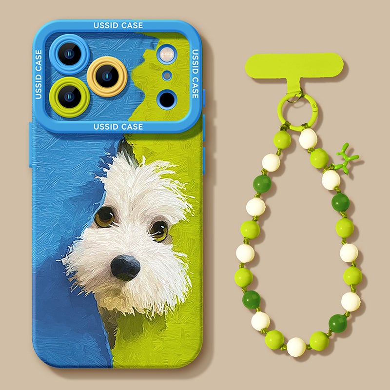 Cute Dog Camera Protection Soft Phone Case With Beaded Wrist Strap For iPhone 16 - Blue/Green - Image 3
