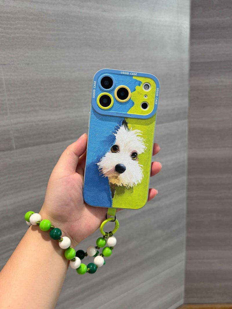 Cute Dog Camera Protection Soft Phone Case With Beaded Wrist Strap For iPhone 16 - Blue/Green - Image 5