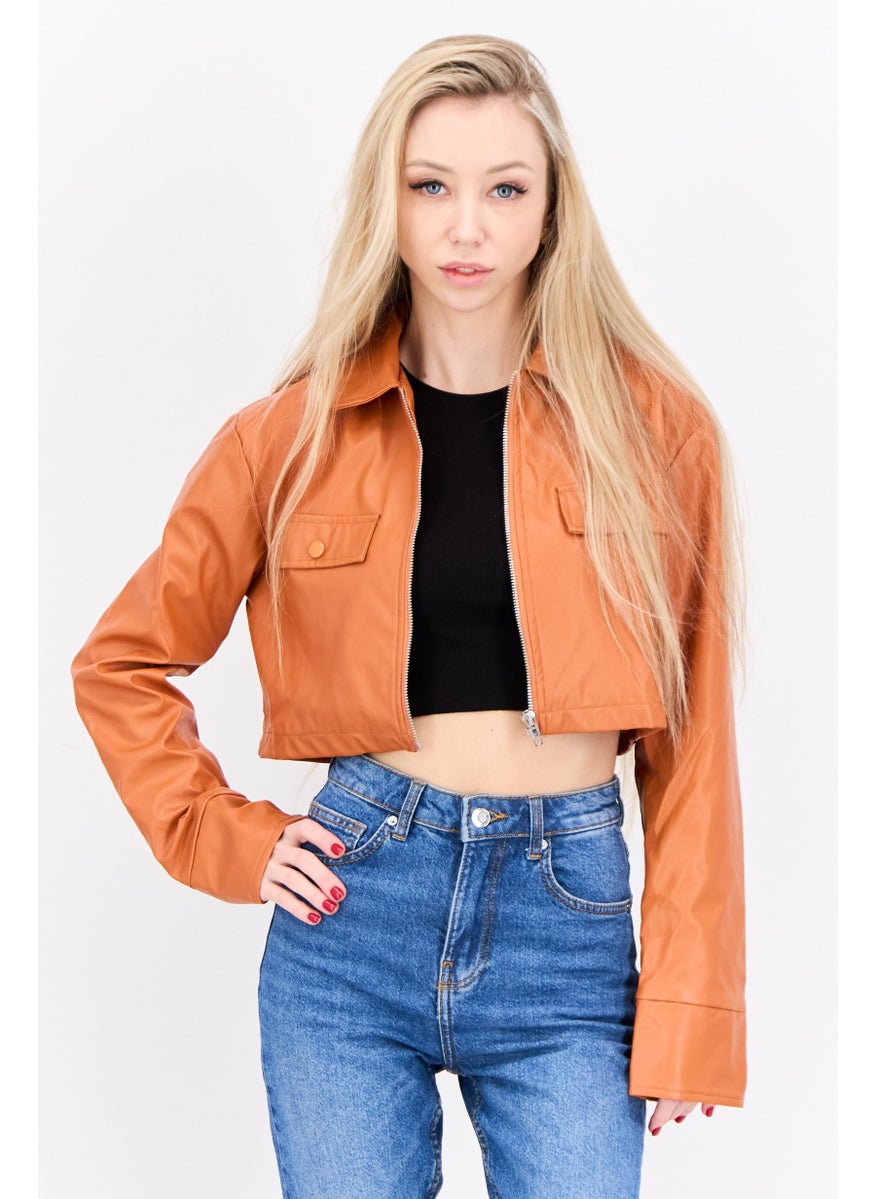 PUBLIC DESIRE Women Solid Motorcycle Jacket, Rust  - Image 1
