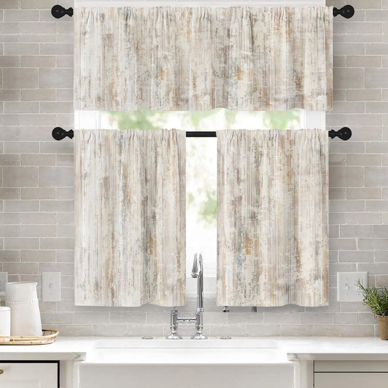 Tayney Light Brown Multi Kitchen Window Curtains Valance and Tier Set 36 Inch, Abstract Painting Vintage Rod Pocket Short Tier Curtain for Bathroom, Modern Small Cafe Drapes for Kitchen Decor - Image 1