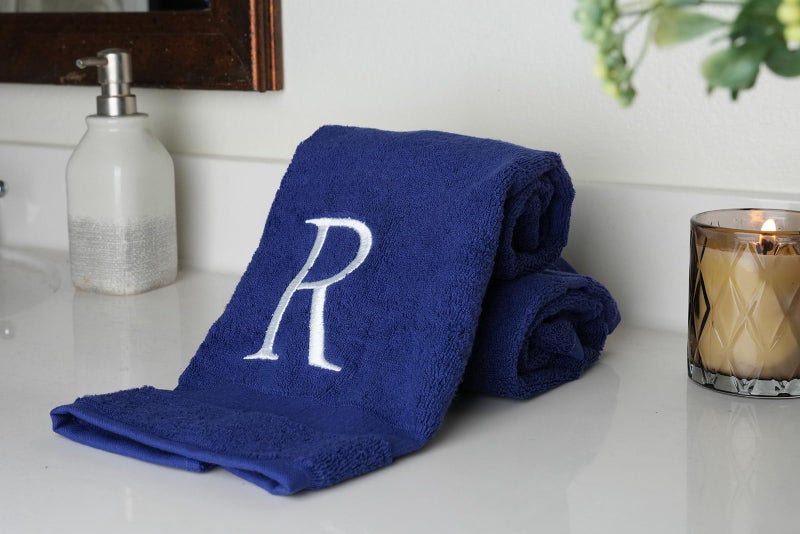 Decorvo White and Navy Monogrammed Hand Towel - Monogram Initial Hotel Quality Decorative Embroidered Luxury Towel for Powder Room  Spa - GOTS Organic Certified - Set of 2 Letter R  - Image 4