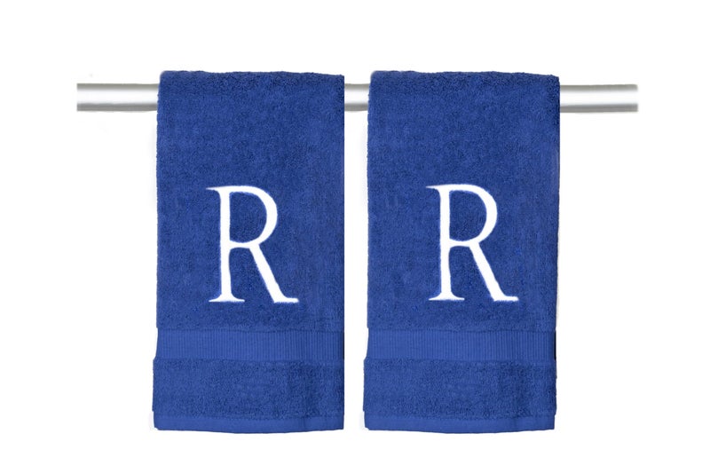 Decorvo White and Navy Monogrammed Hand Towel - Monogram Initial Hotel Quality Decorative Embroidered Luxury Towel for Powder Room  Spa - GOTS Organic Certified - Set of 2 Letter R  - Image 1
