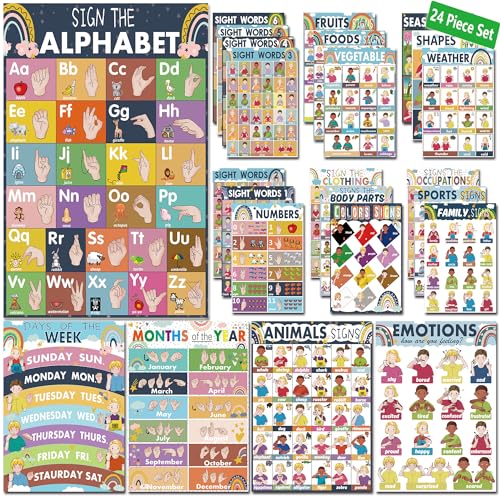 YIYDONG 24 Boho American Sign Language Posters for Kids, Babies & Toddlers, ABC ASL Flash Cards, Classroom Decor - Image 1