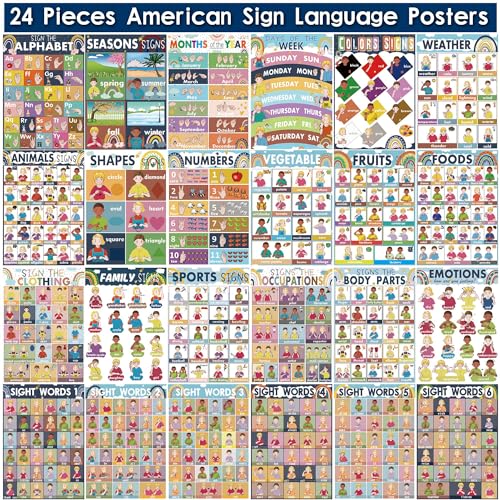 YIYDONG 24 Boho American Sign Language Posters for Kids, Babies & Toddlers, ABC ASL Flash Cards, Classroom Decor - Image 2