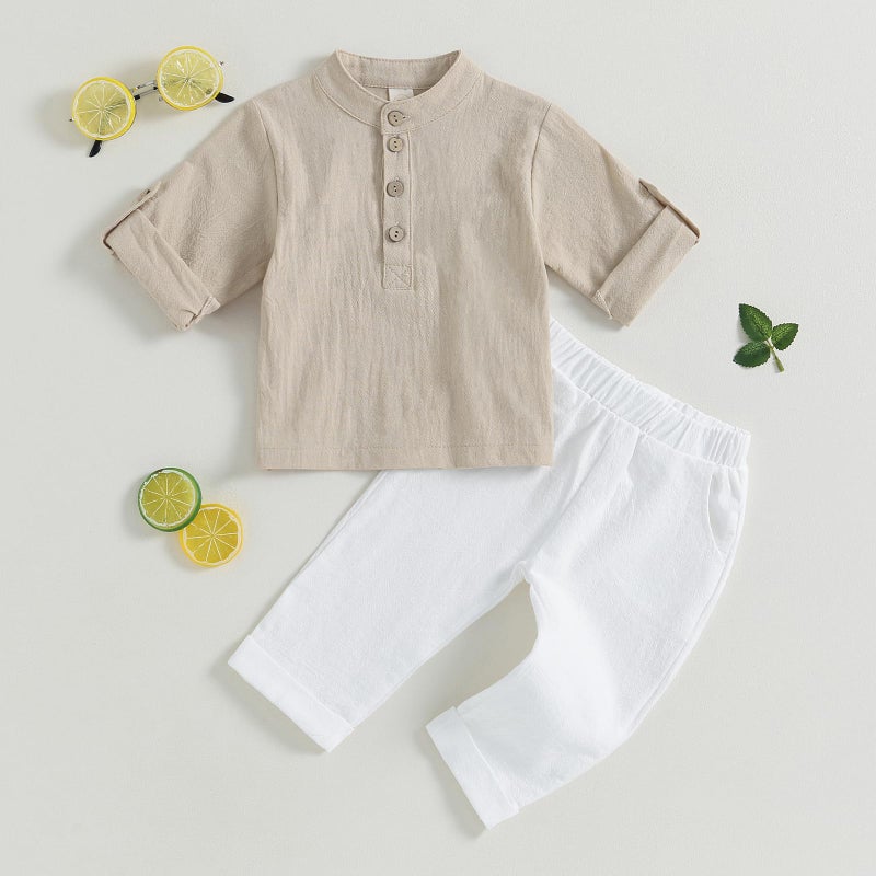 Karuedoo Toddler Baby Boy Clothes Cotton Linen Henley Shirts Button Down Long Sleeve Shirts Casual Pants Set (A-Khaki White, 2-3 Years) - Image 2