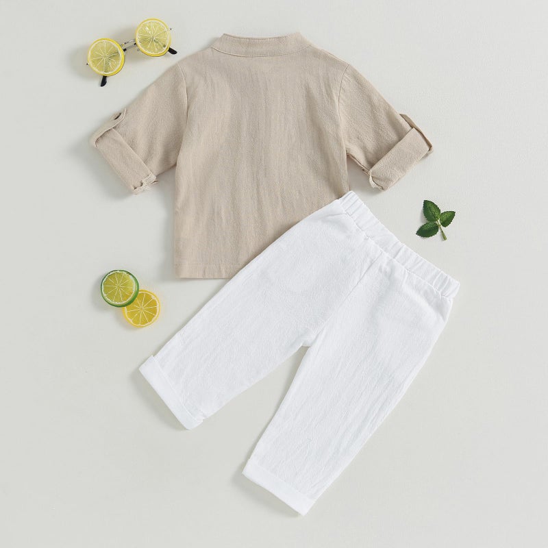 Karuedoo Toddler Baby Boy Clothes Cotton Linen Henley Shirts Button Down Long Sleeve Shirts Casual Pants Set (A-Khaki White, 2-3 Years) - Image 3