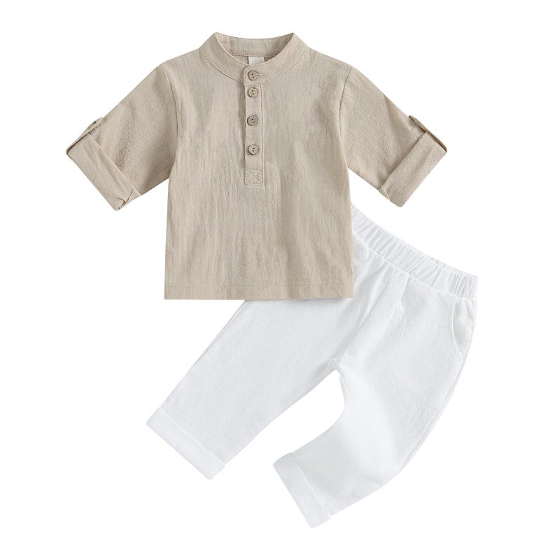 Karuedoo Toddler Baby Boy Clothes Cotton Linen Henley Shirts Button Down Long Sleeve Shirts Casual Pants Set (A-Khaki White, 2-3 Years) - Image 1