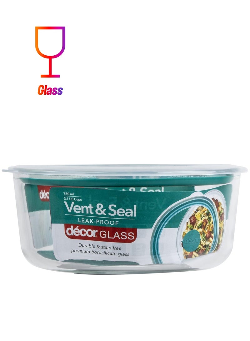 Decor Vent  Seal Glass Round Food Container, 750ml Capacity, Transparent - Image 1