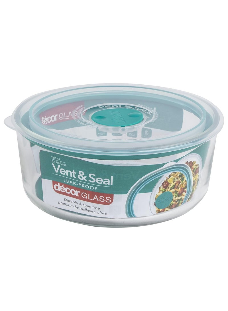 Decor Vent  Seal Glass Round Food Container, 750ml Capacity, Transparent - Image 2