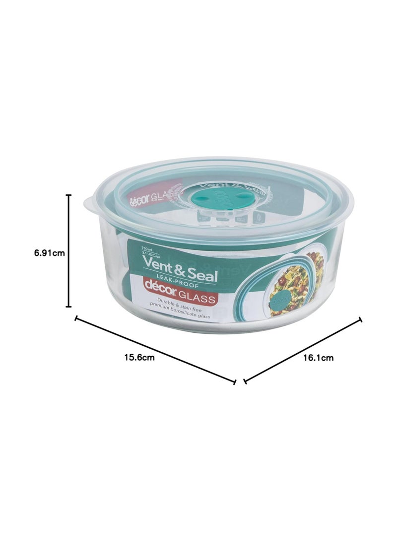 Decor Vent  Seal Glass Round Food Container, 750ml Capacity, Transparent - Image 3